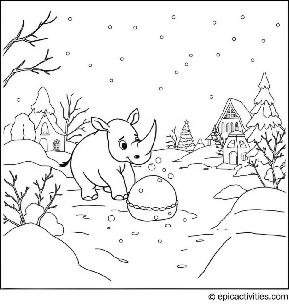 Coloring page of a Cute Cartoon Rhino Having a Snowball Fight in a Winter Landscape