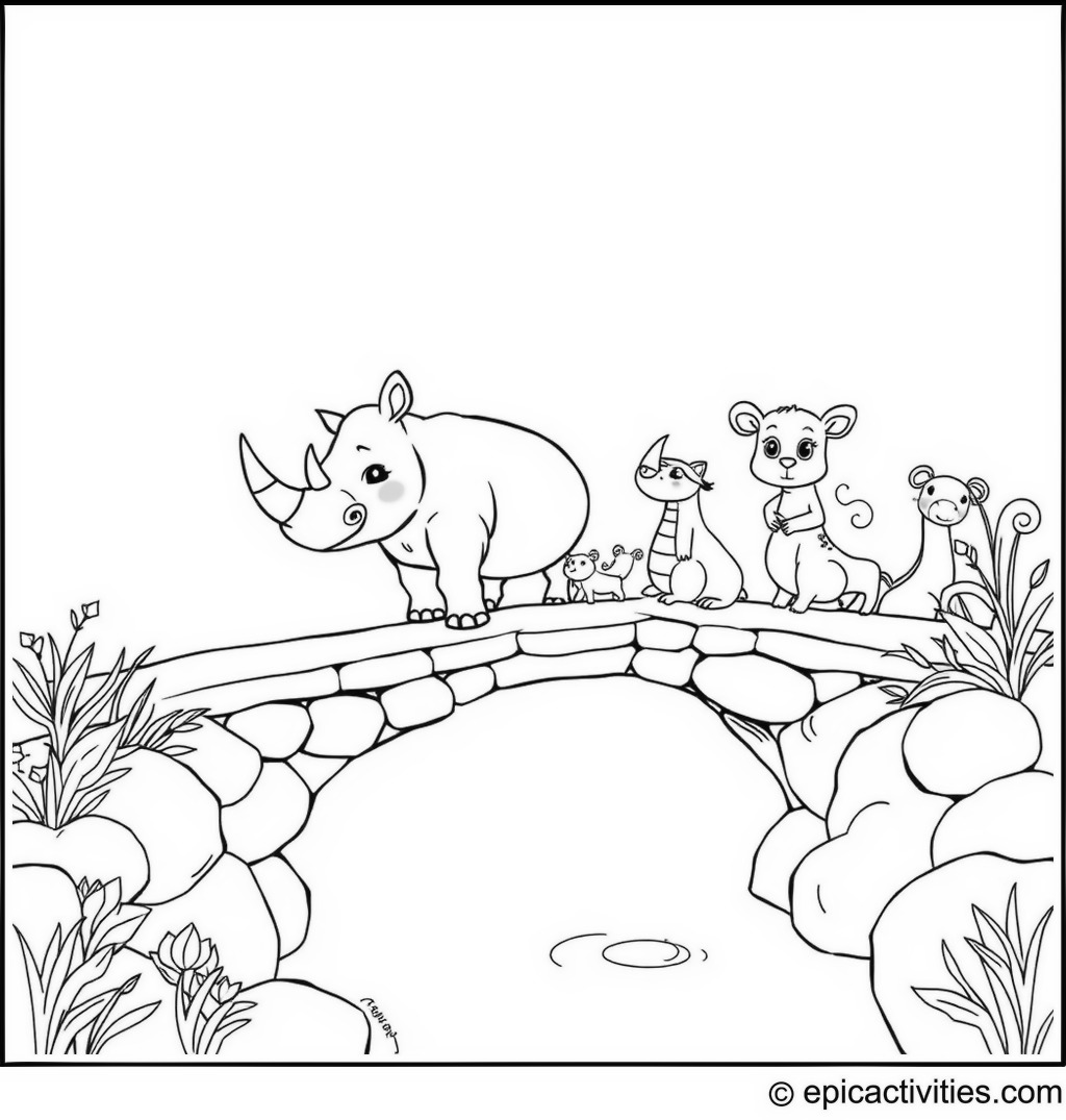 Coloring page of a cute cartoon rhino helping whimsical animals cross a magical bridge