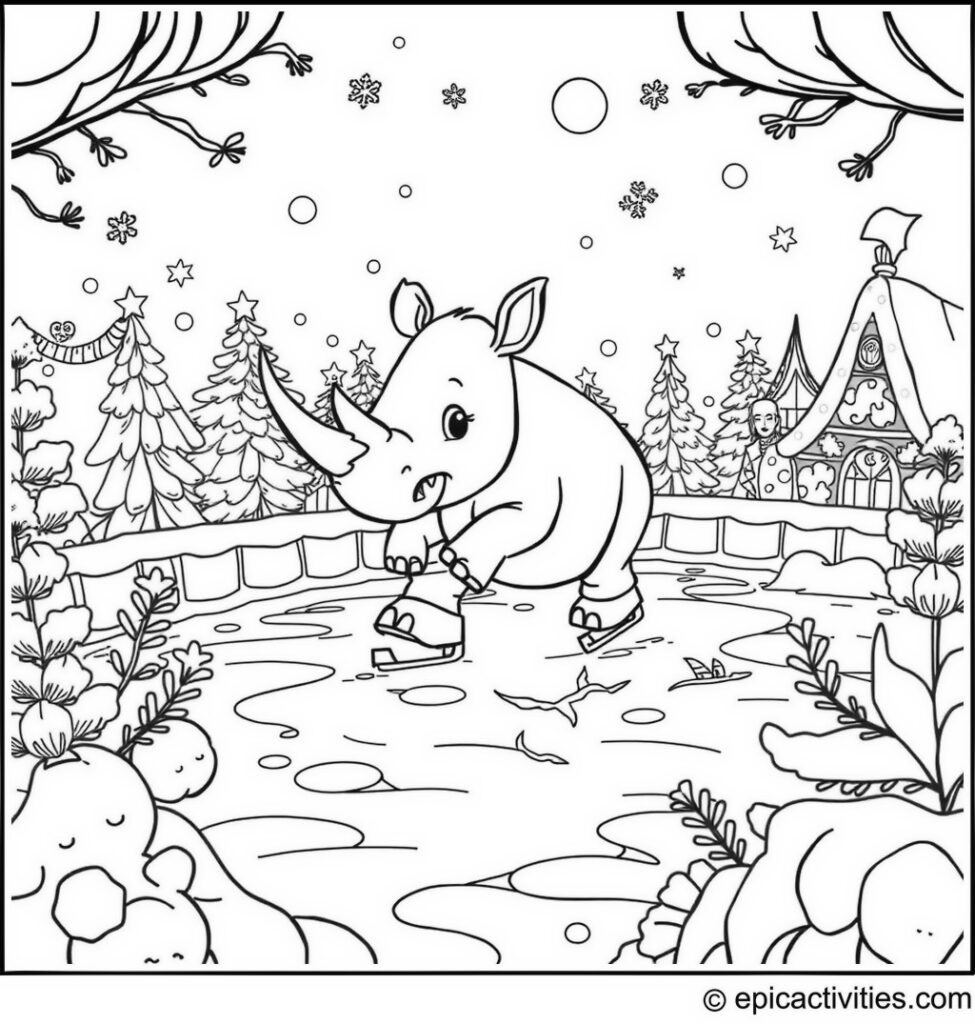 Coloring page of a cute cartoon rhino ice skating in a winter wonderland