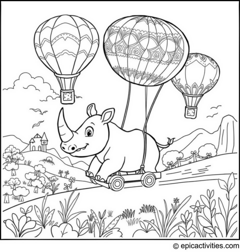 Coloring page of a cute cartoon rhino in a balloon race