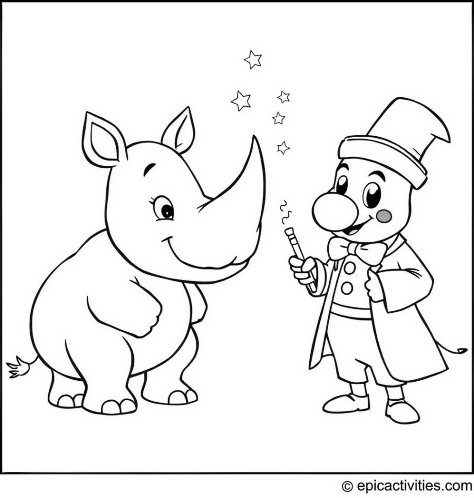 Coloring page of a Cute Cartoon Rhino Learning Magic Tricks from a Whimsical Magician