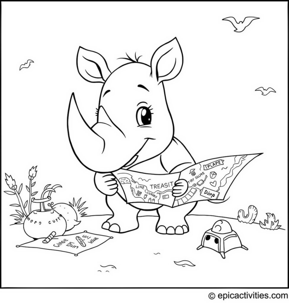 Coloring page of a cute cartoon rhino organizing a detailed treasure hunt with colorful maps