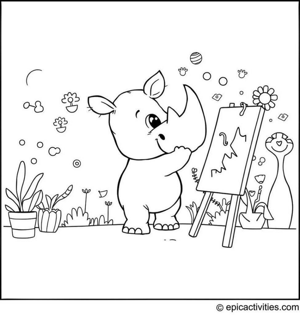Coloring page of a Cute Cartoon Rhino Painting a Mural
