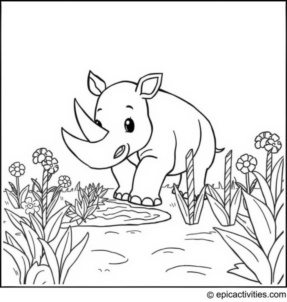 Coloring page of a Cute Cartoon Rhino Planting a Garden with Candy Cane Flowers in a Minimalist Yard