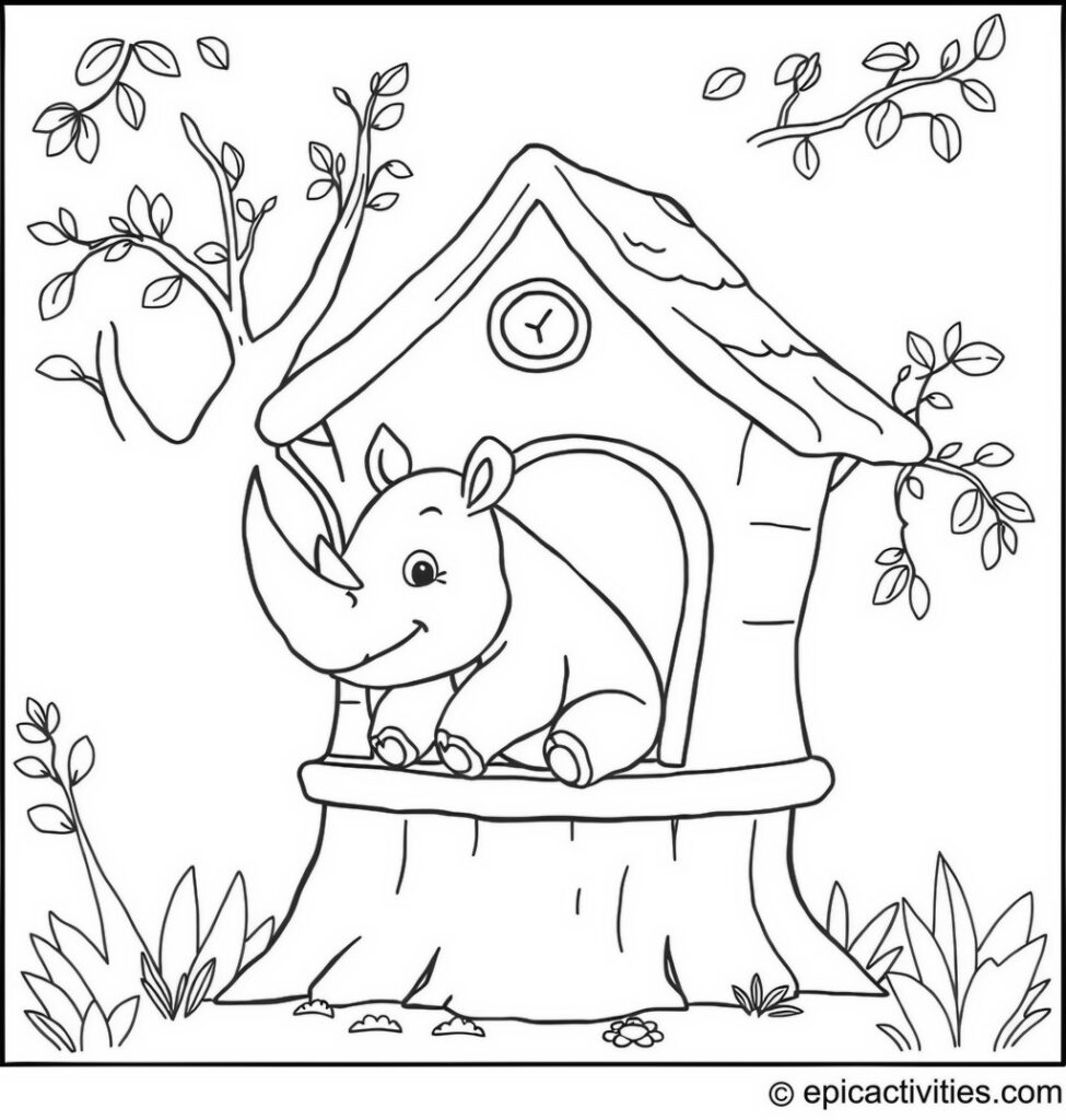 Coloring page of a Cute Cartoon Rhino Playing in a Whimsical Treehouse