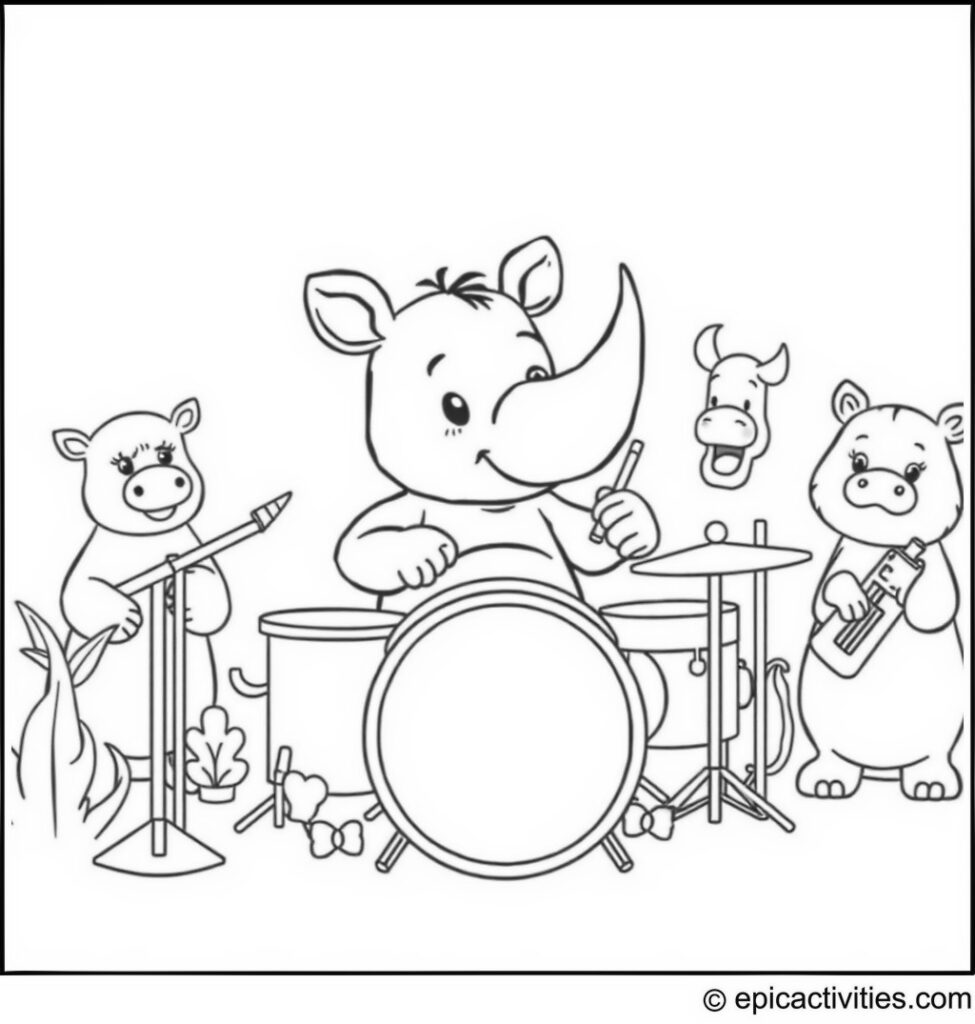 Coloring page of a cute cartoon rhino playing drums in a whimsical band with cartoon animals