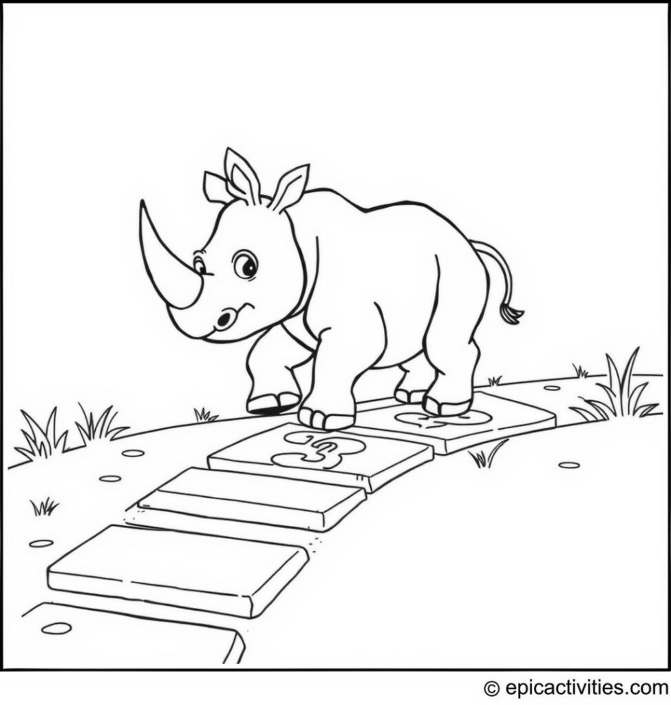 Coloring page of a cute cartoon rhino playing hopscotch