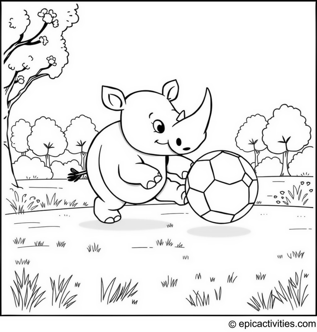 Coloring page of a cute cartoon rhino playing soccer with a colorful, oversized ball in a simple park setting