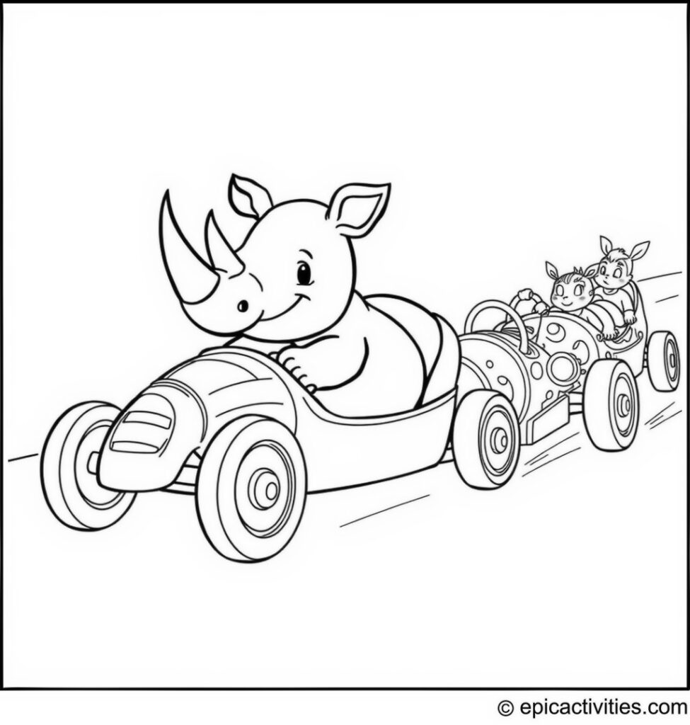 Coloring page of a Cute Cartoon Rhino Racing in a Whimsical Soapbox Derby