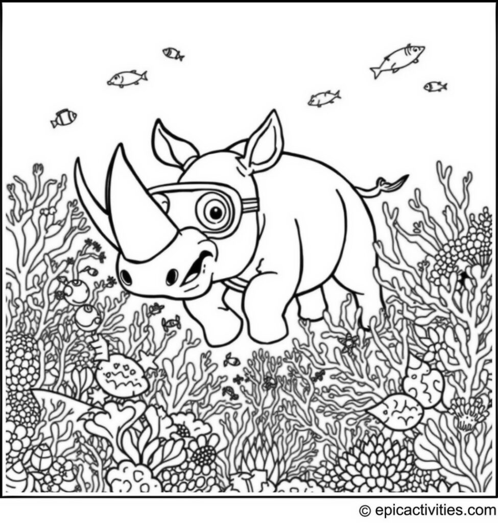 Coloring page of a cute cartoon rhino snorkeling in a detailed coral reef