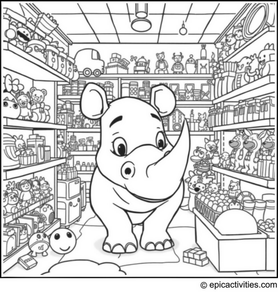 Coloring page of a Cute Cartoon Rhino's Toy Shop Adventure