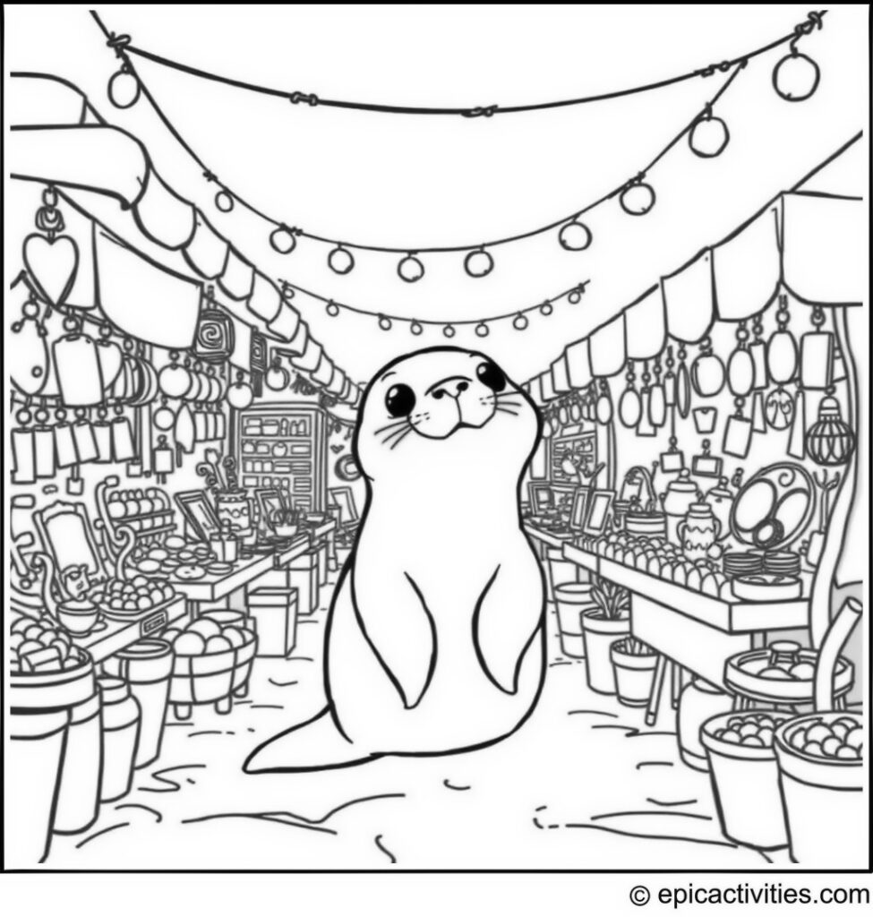 Coloring page of a Cute Cartoon Seal at a Busy Flea Market