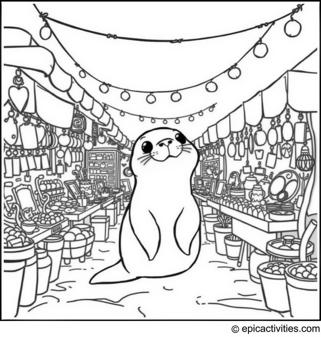 Coloring page of a Cute Cartoon Seal at a Busy Flea Market