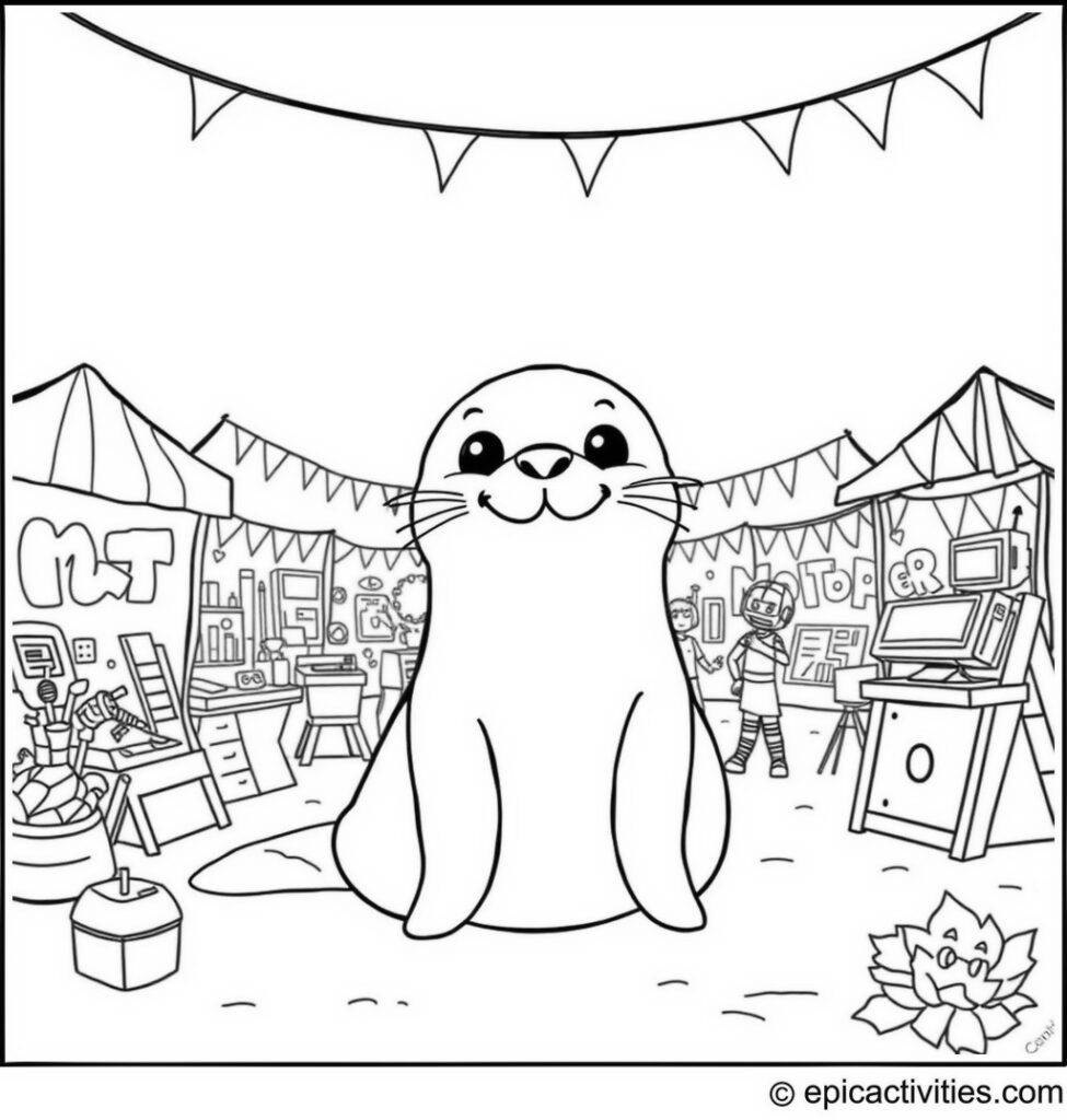 Coloring page of a cute cartoon seal at a science fair with a homemade rocket or robot