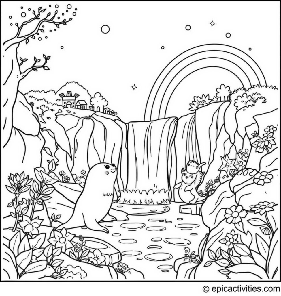 Coloring page of a cute cartoon seal at an enchanted waterfall with rainbows and magical creatures