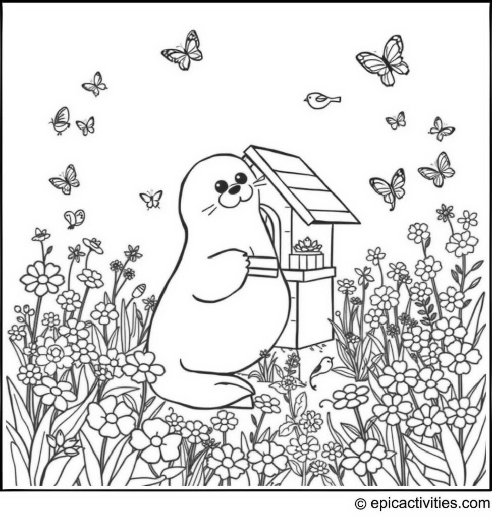 Coloring page of a Cute Cartoon Seal Building a Birdhouse in a Bustling Garden
