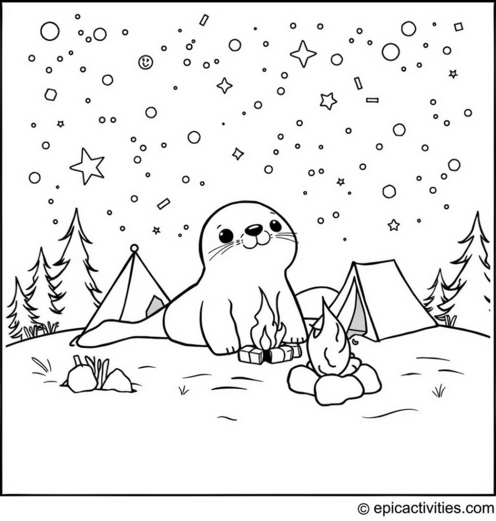 Coloring page of a Cute Cartoon Seal Camping Under the Stars