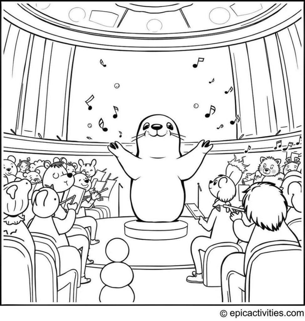 Coloring page of a Cute Cartoon Seal Conducting an Animal Orchestra
