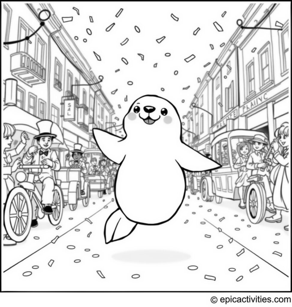 Coloring page of a cute cartoon seal dancing in a lively street parade