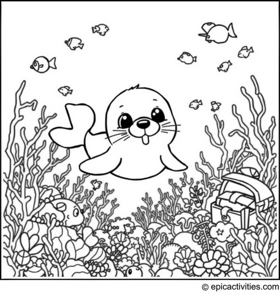 Coloring page of a Cute Cartoon Seal Diving in a Coral Reef