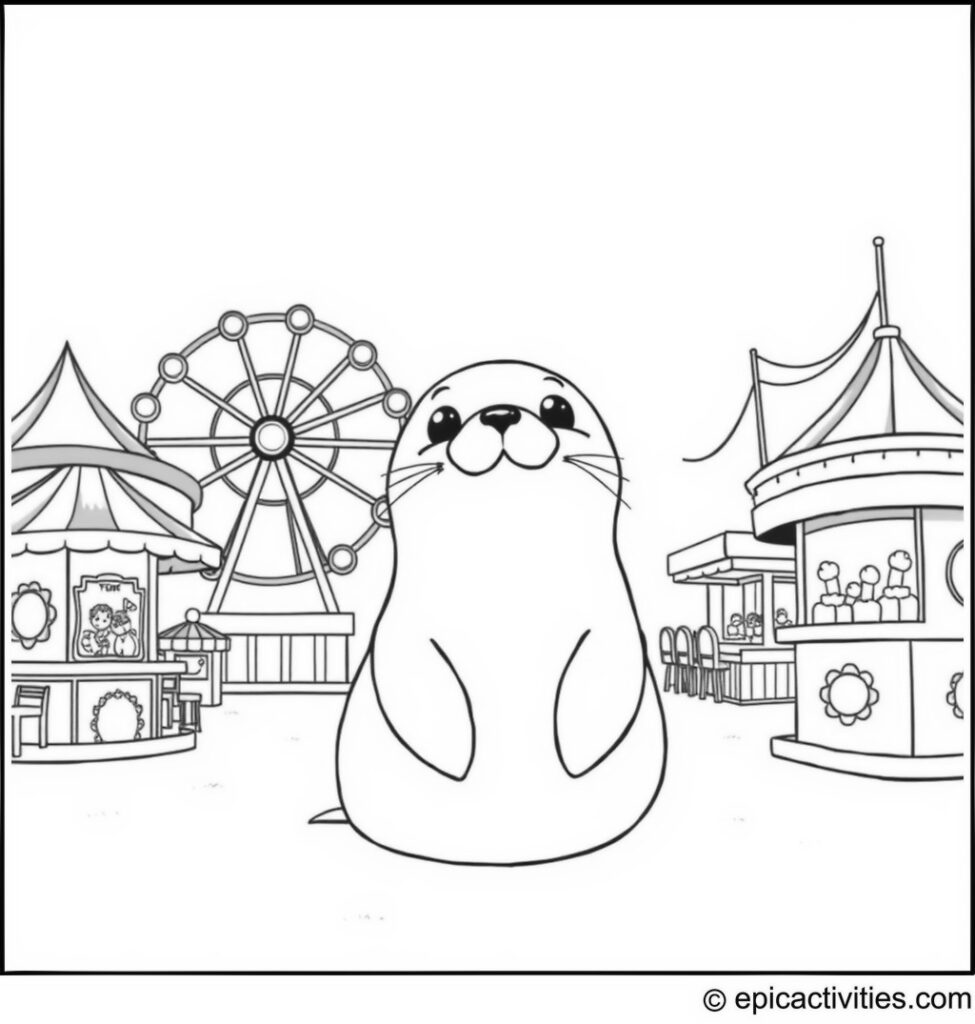 Coloring page of a cute cartoon seal enjoying a fun fair