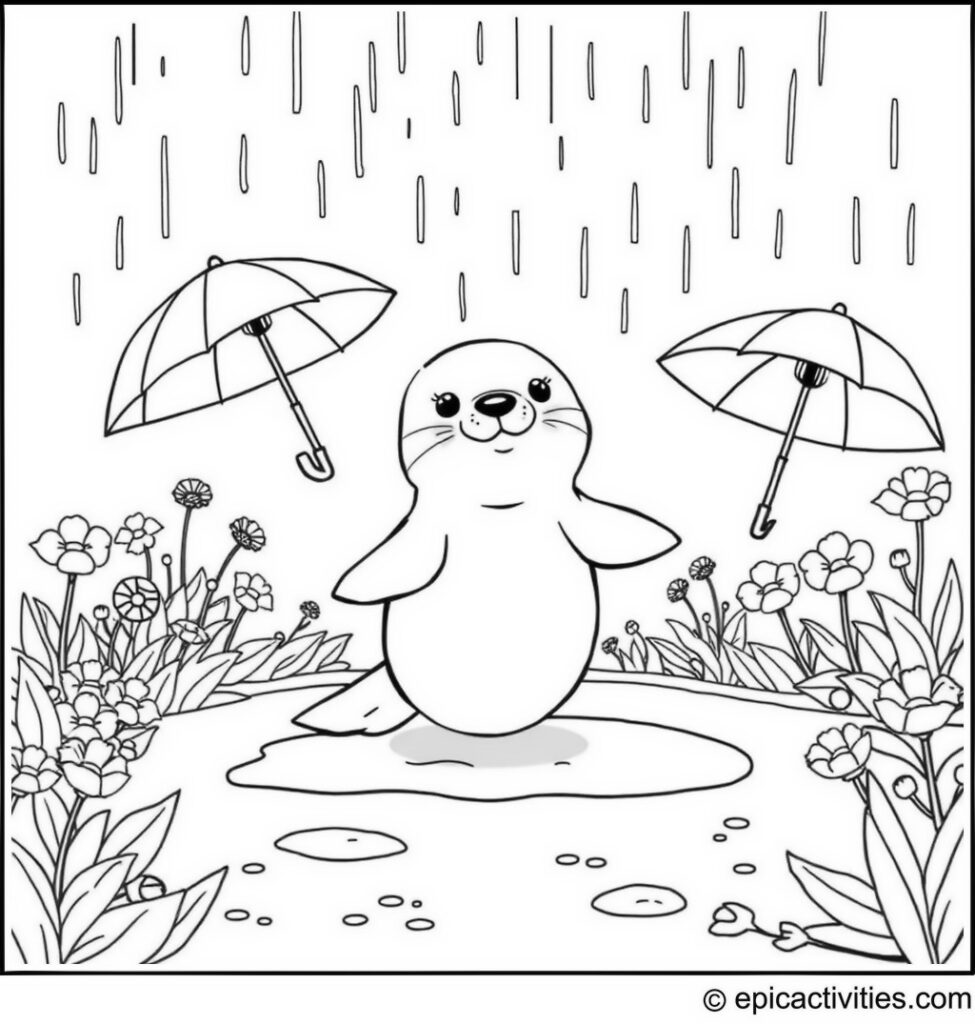 Coloring page of a cute cartoon seal enjoying a rain dance with colorful umbrellas and puddles in a bright and cheerful garden