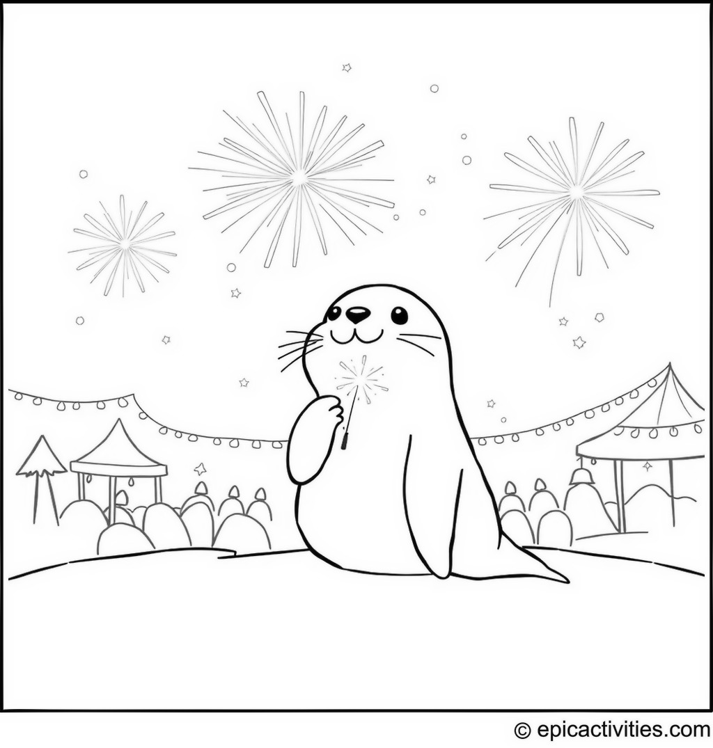 Coloring page of a cute cartoon seal enjoying fireworks at a festival