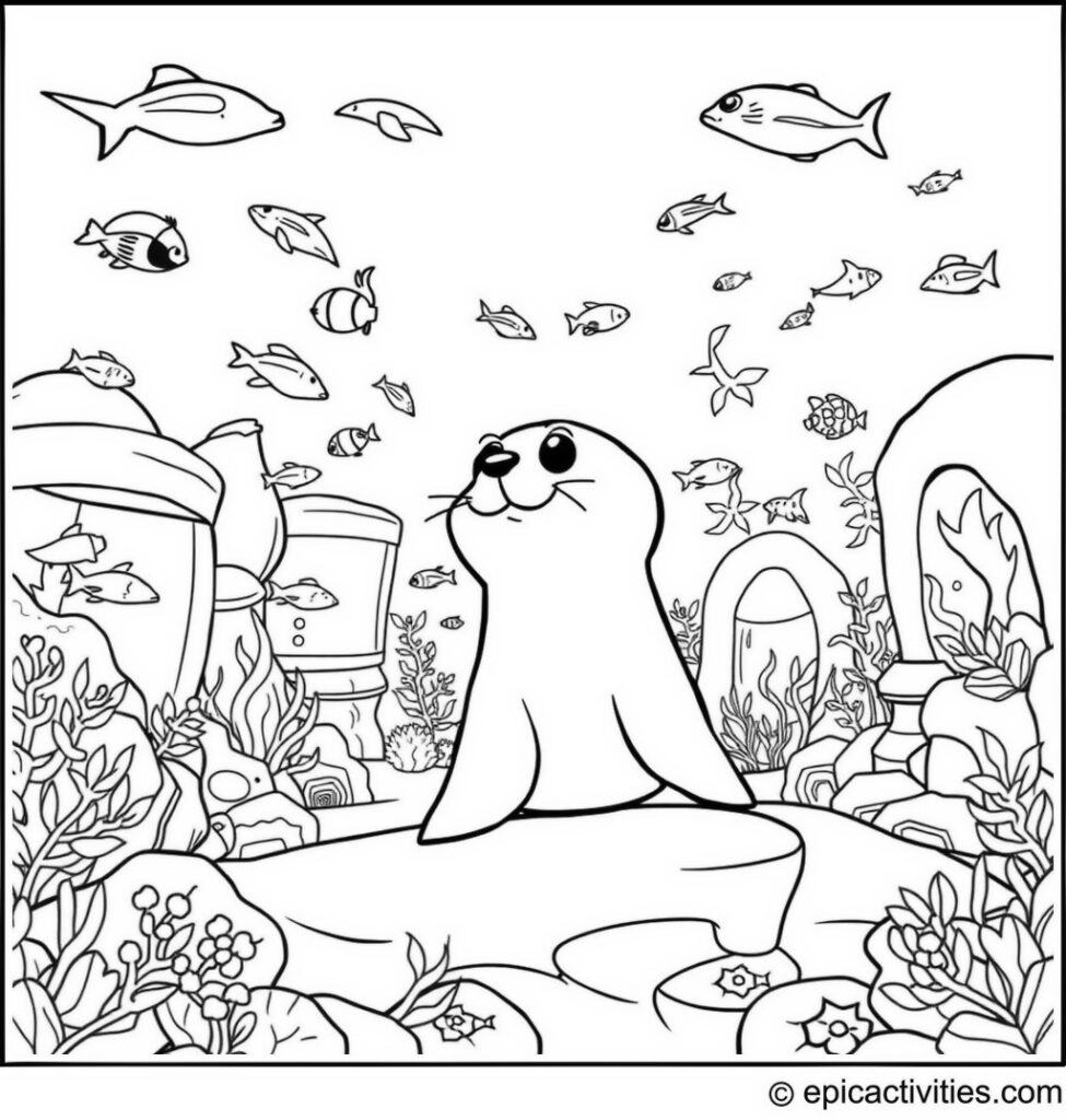 Coloring page of a cute cartoon seal exploring an aquarium