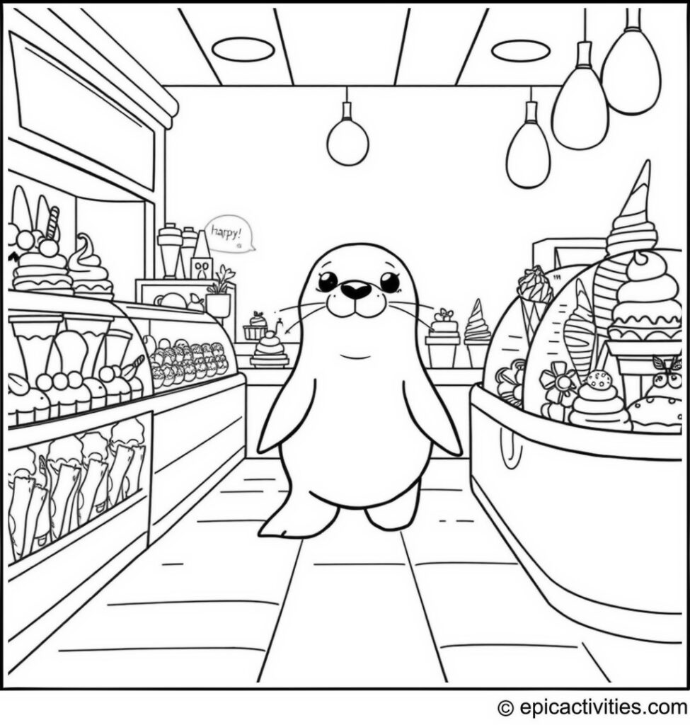 Coloring page of a cute cartoon seal exploring an ice cream parlor
