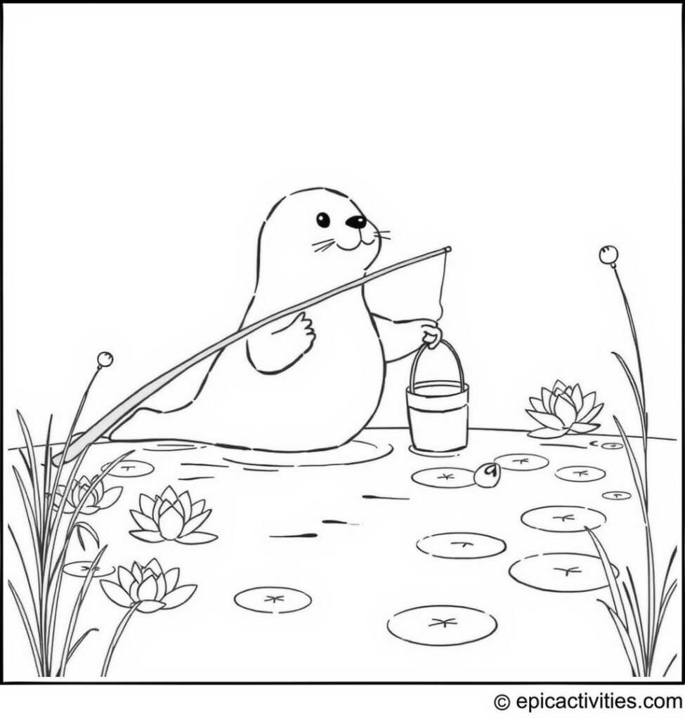 Coloring page of a Cute Cartoon Seal Fishing by a Tranquil Pond