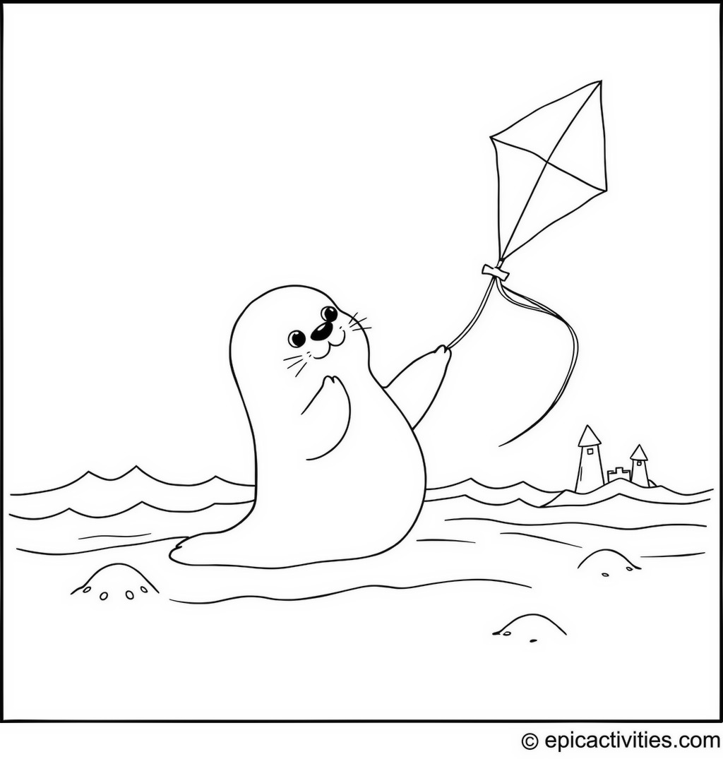 Coloring page of a cute cartoon seal flying a fish-shaped kite at the seaside