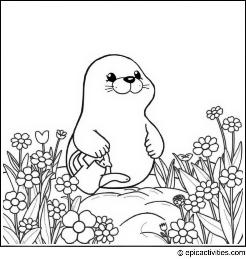 Coloring page of a Cute Cartoon Seal Gardening in a Flower Garden