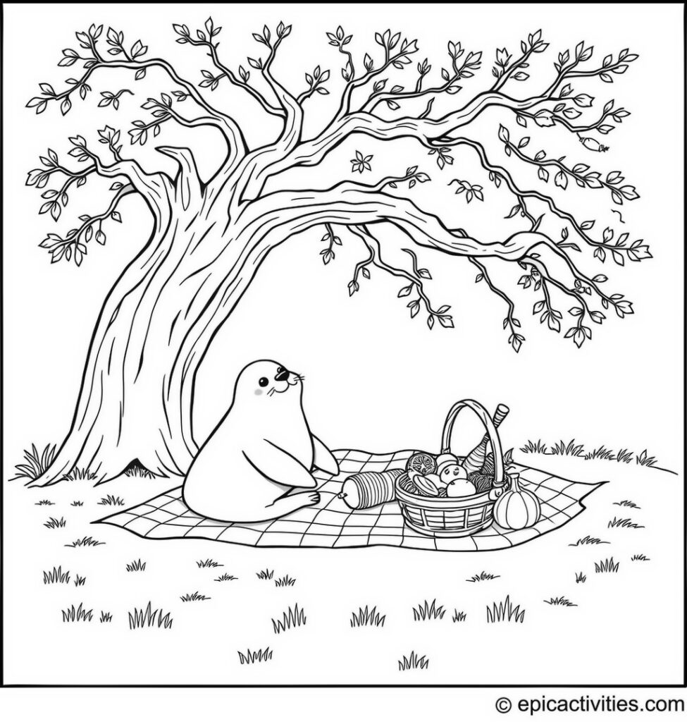 Coloring page of a cute cartoon seal having a picnic under a large oak tree