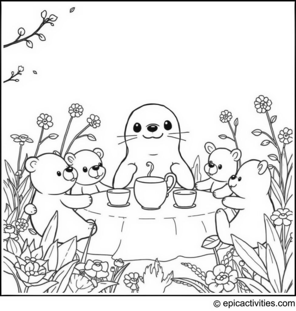 Coloring page of a Cute Cartoon Seal Hosting a Tea Party in a Whimsical Garden
