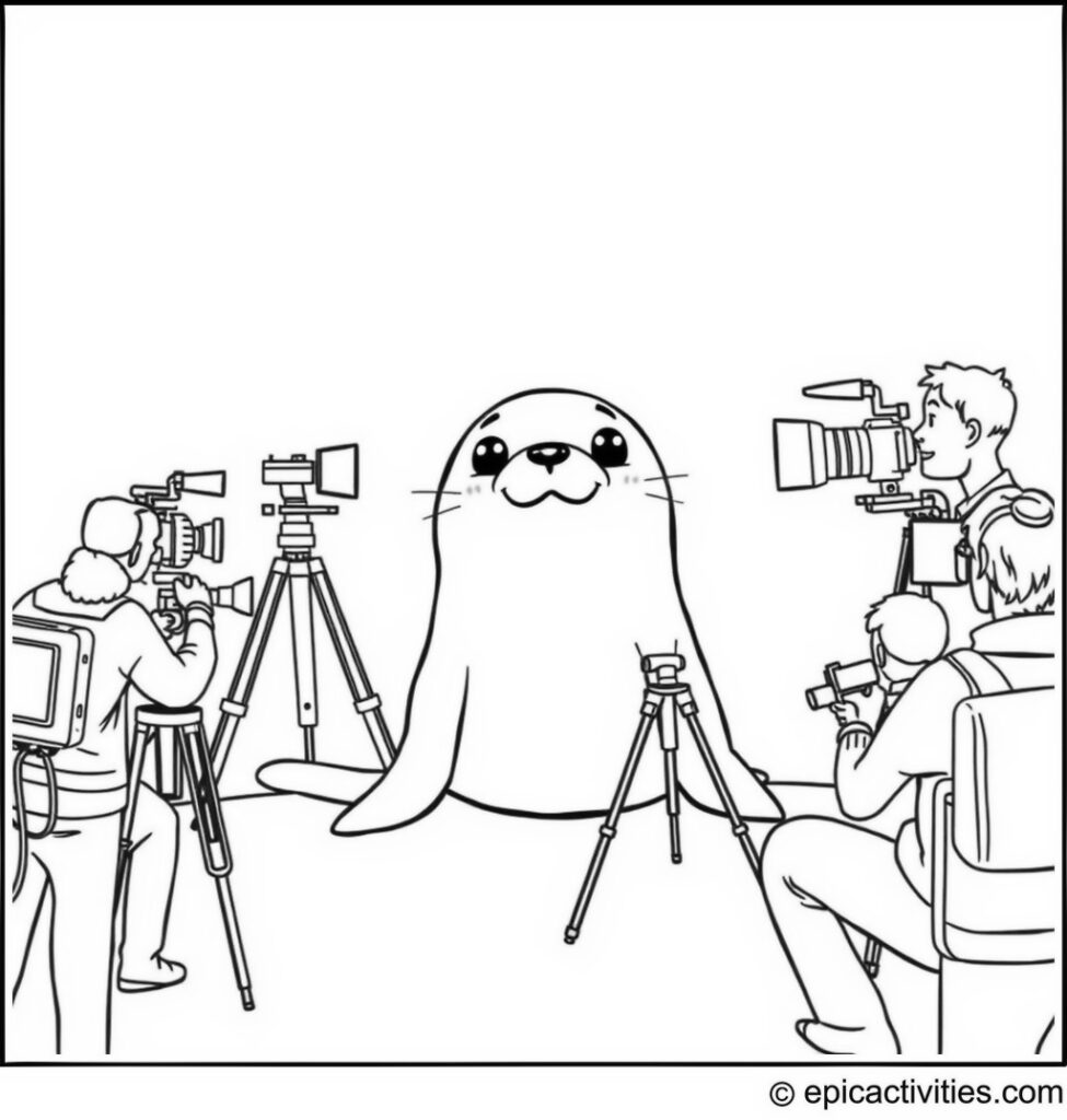 Coloring page of a Cute Cartoon Seal in a Movie Scene