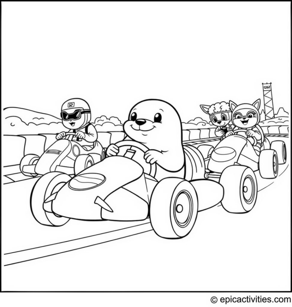 Coloring page of a Cute Cartoon Seal in a Racecar Competition
