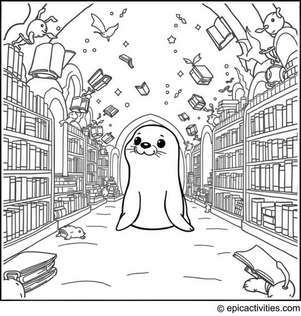 Coloring page of a Cute Cartoon Seal in a Whimsical Library