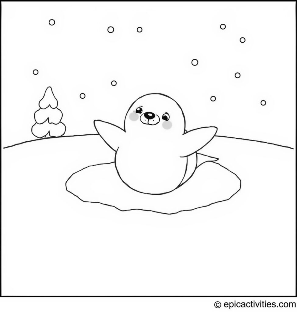 Coloring page of a cute cartoon seal making snow angels