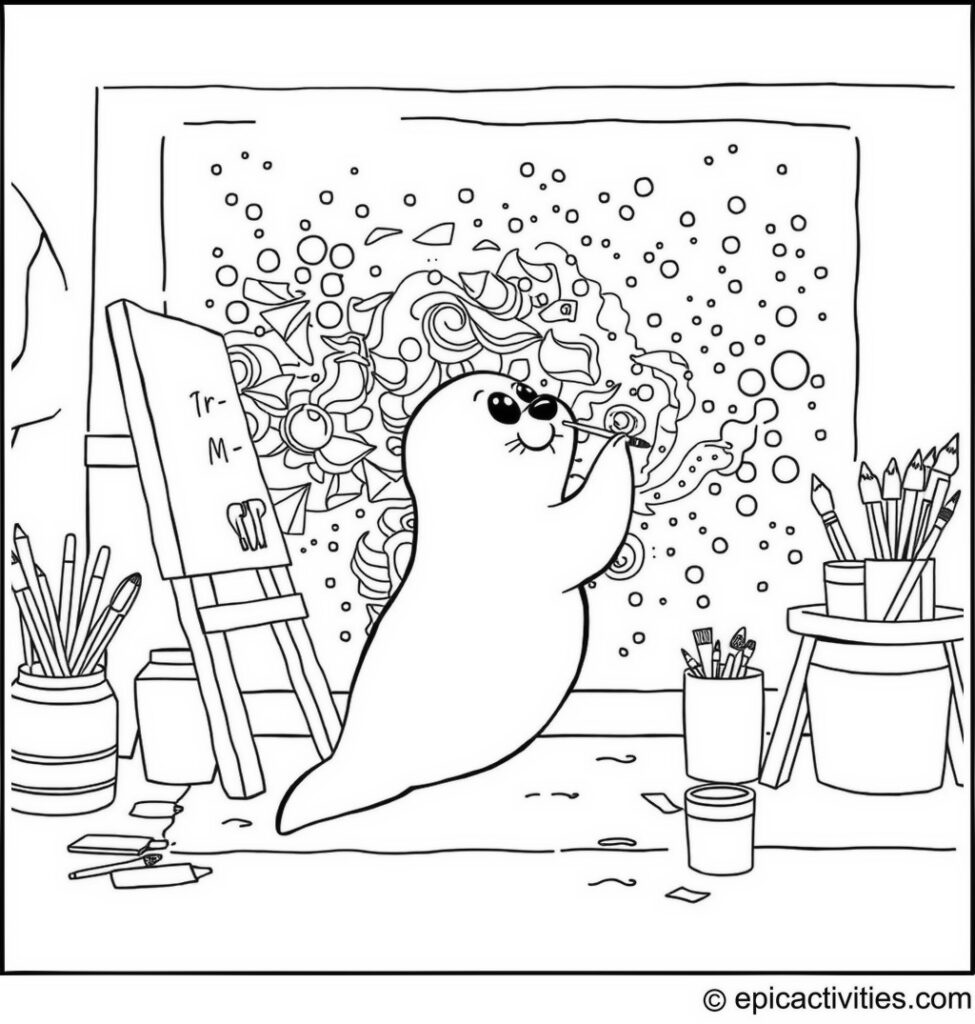 Coloring page of a Cute Cartoon Seal Painting a Mural in an Art Studio