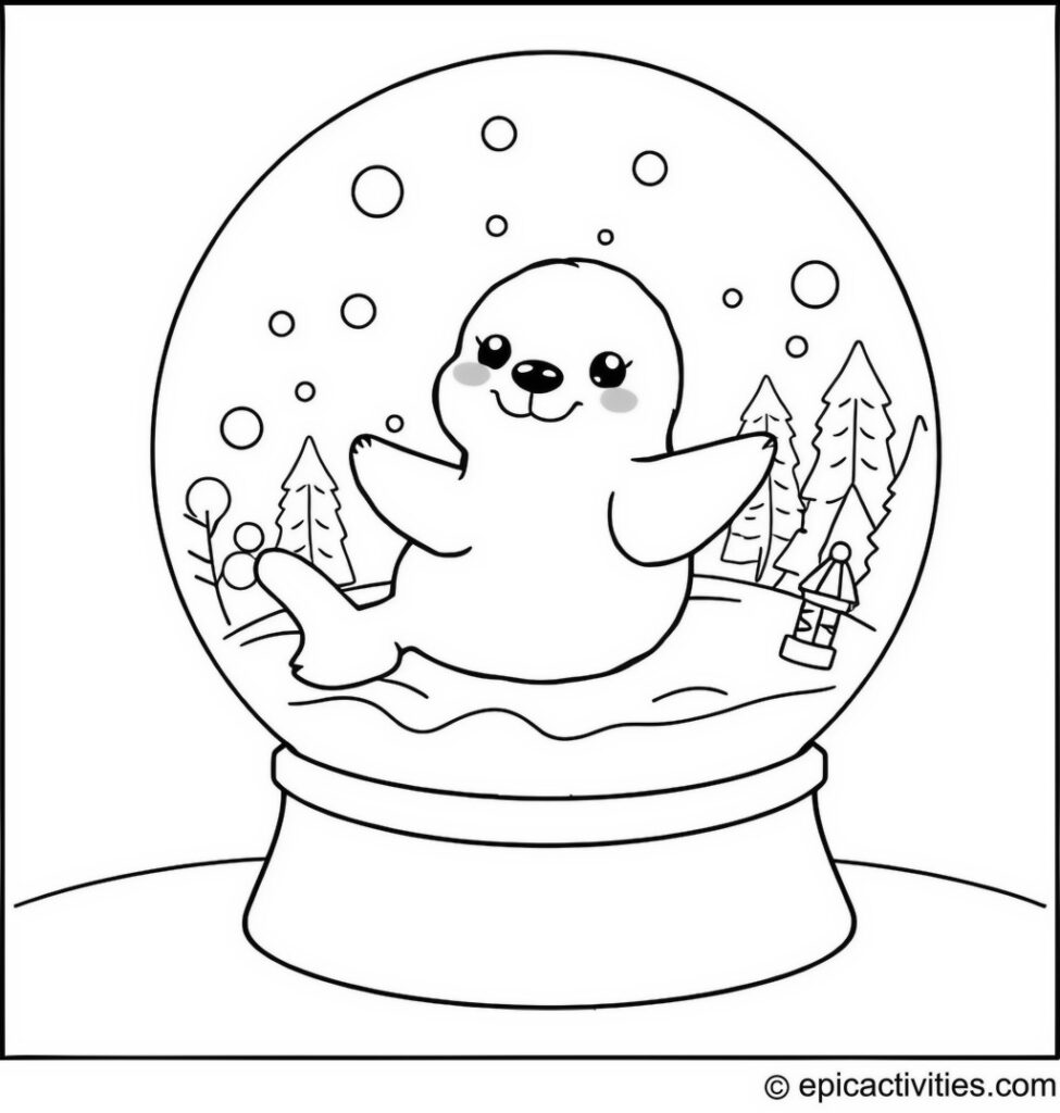 Coloring page of a Cute Cartoon Seal Playing in a Snow Globe