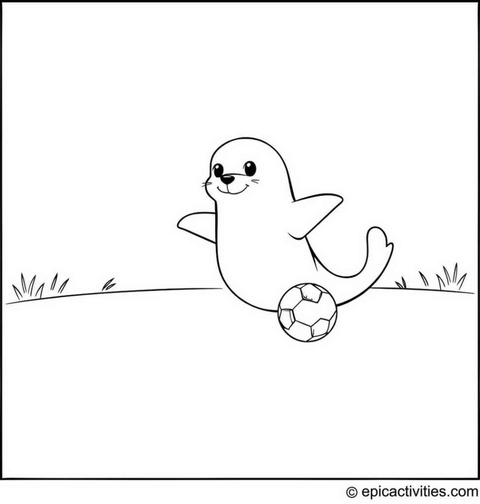Coloring page of a Cute Cartoon Seal Playing Soccer with Friends