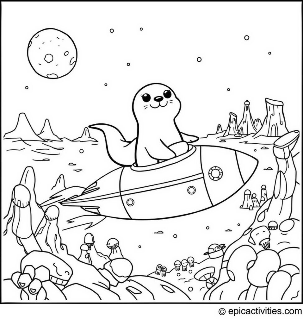 Coloring page of a cute cartoon seal riding a spaceship exploring a distant planet