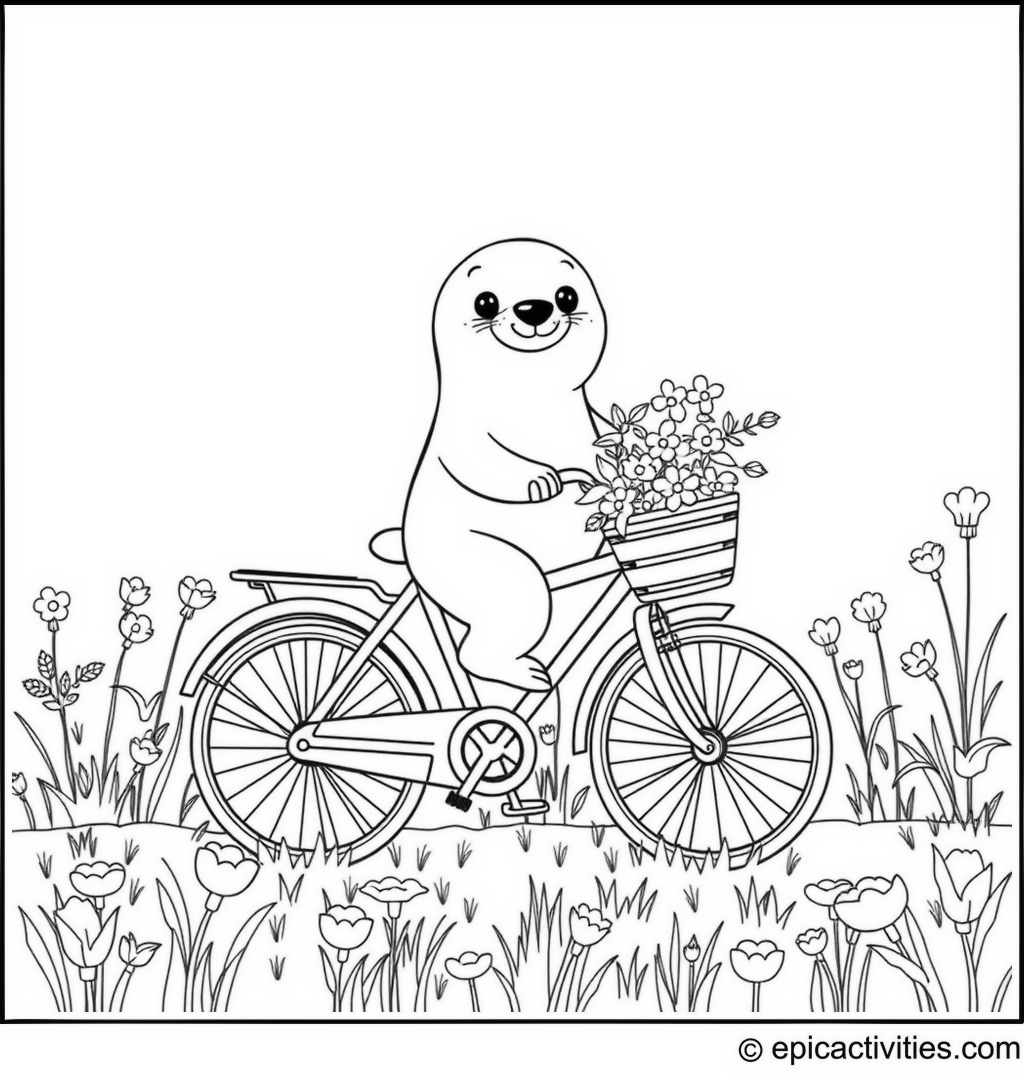 Coloring page of a cute cartoon seal riding a bicycle with a basket of flowers in a spring meadow
