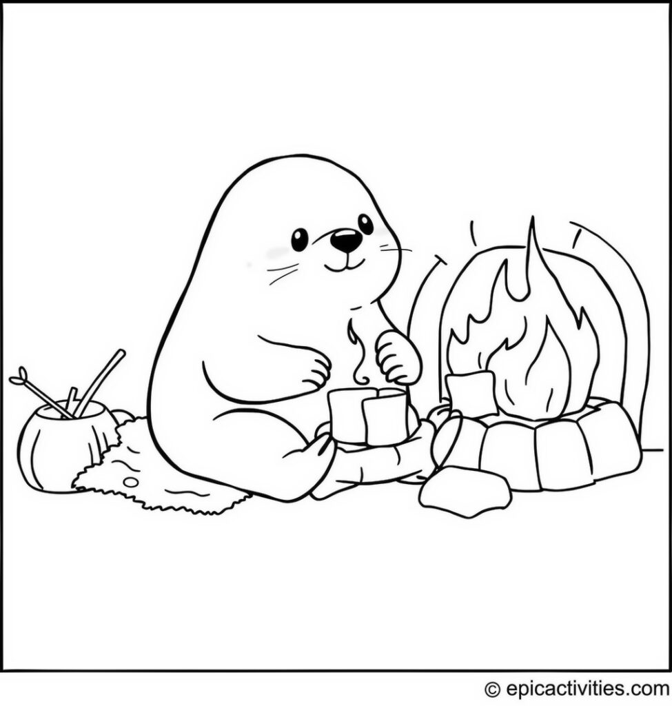 Coloring page of a cute cartoon seal roasting marshmallows by the fireplace