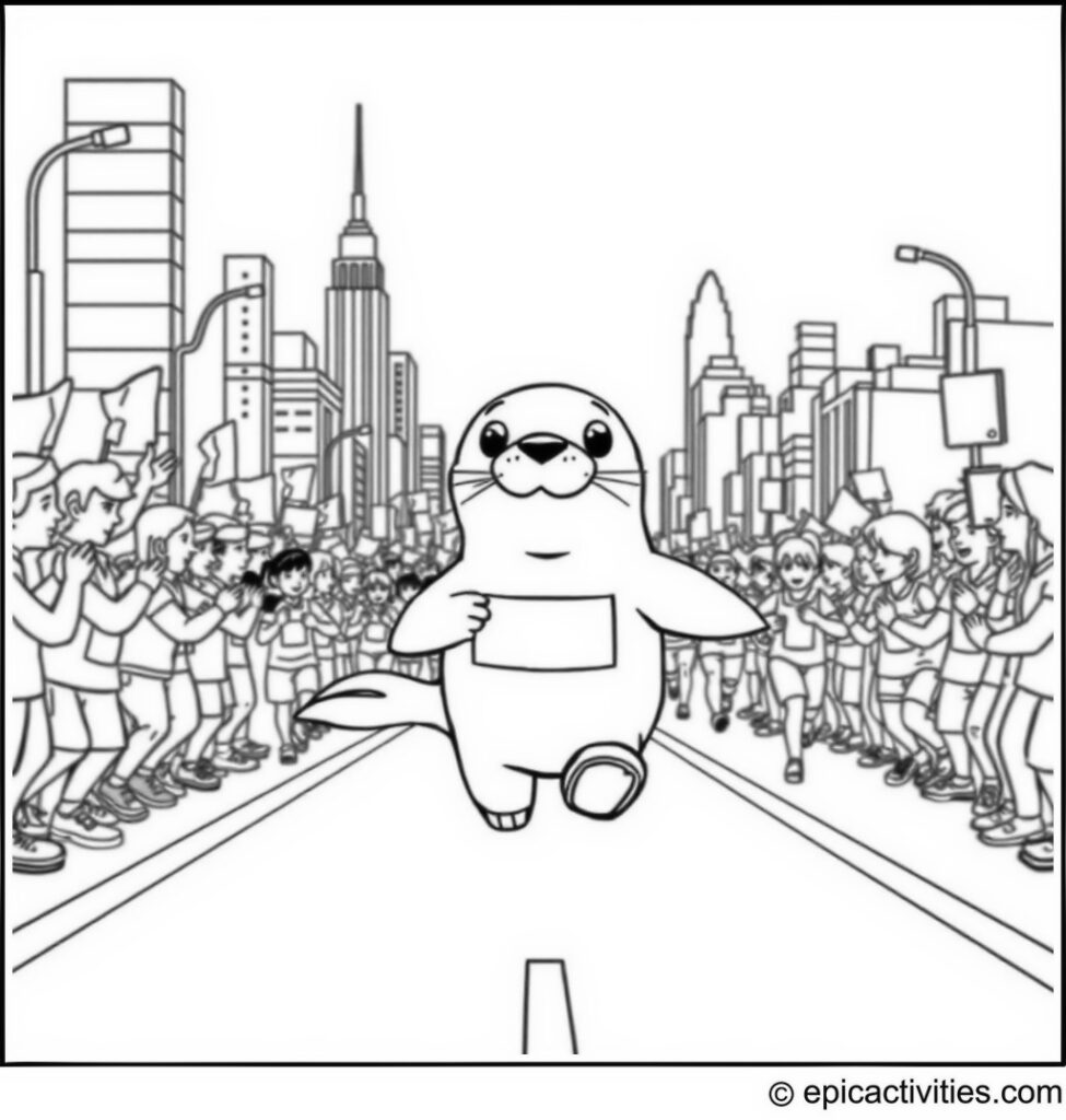 Coloring page of a Cute Cartoon Seal Running a Marathon in the City