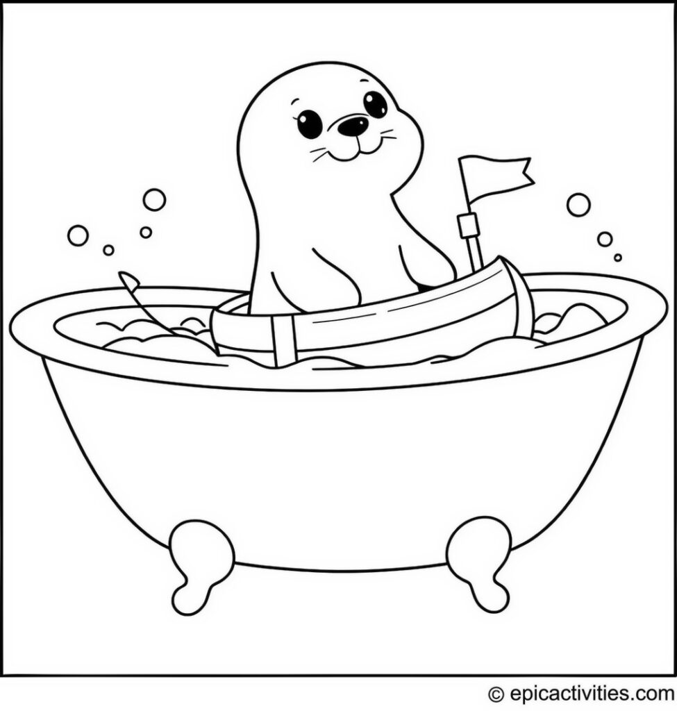 Coloring page of a Cute Cartoon Seal Sailing a Toy Boat in a Bubbly Bathtub
