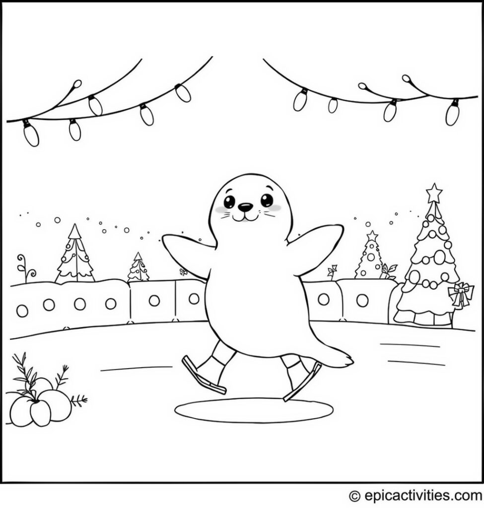 Coloring page of a Cute Cartoon Seal Skating on an Ice Rink with Holiday Decorations