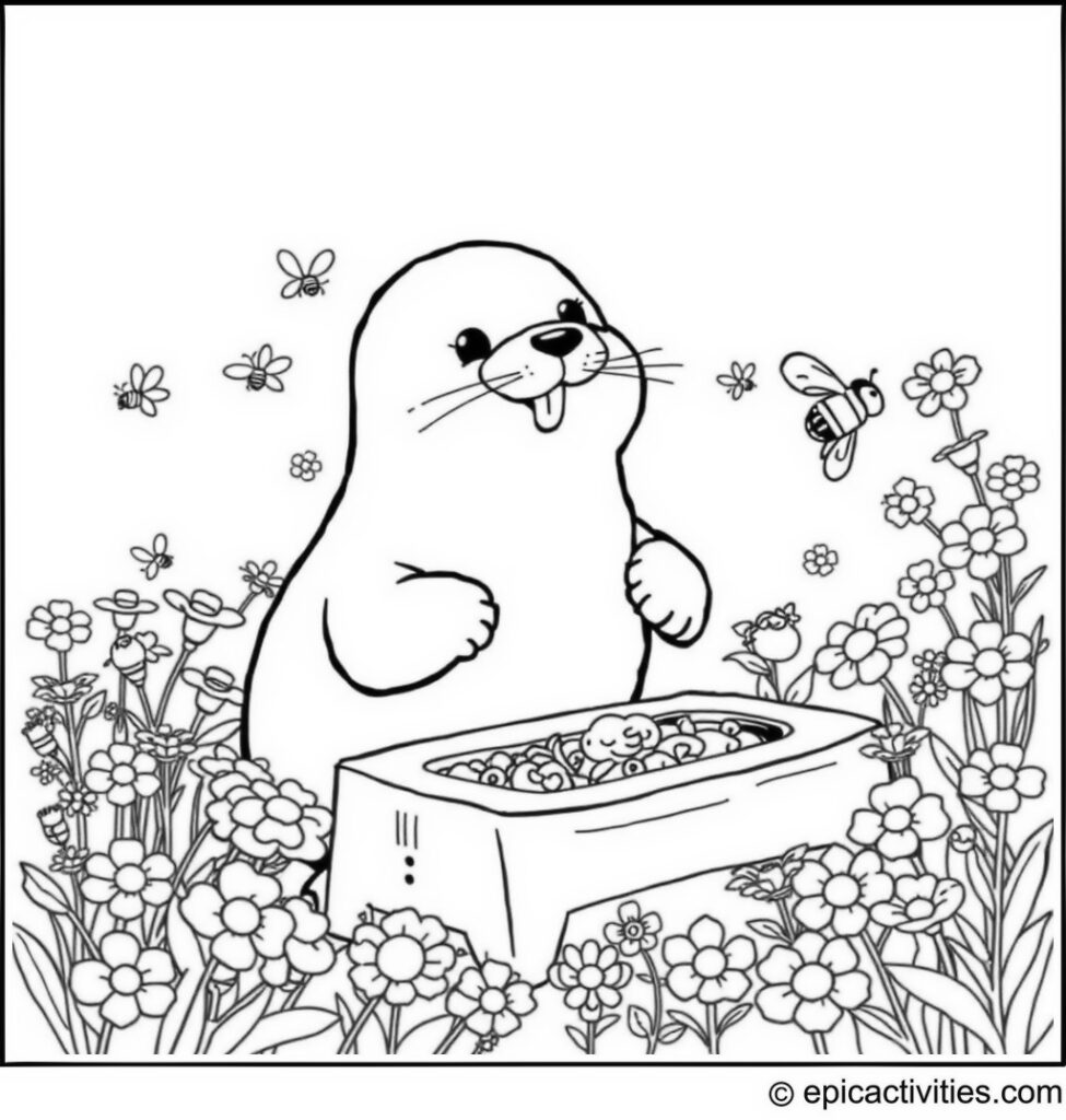 Coloring page of a Cute Cartoon Seal Tending an Apiary with Bees and Blooming Flowers