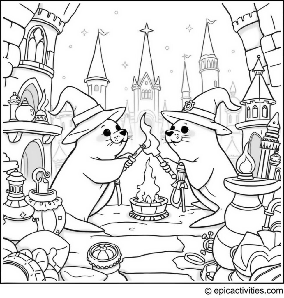 Coloring page of a Cute Cartoon Seal Wizard Duel in a Mystical Castle