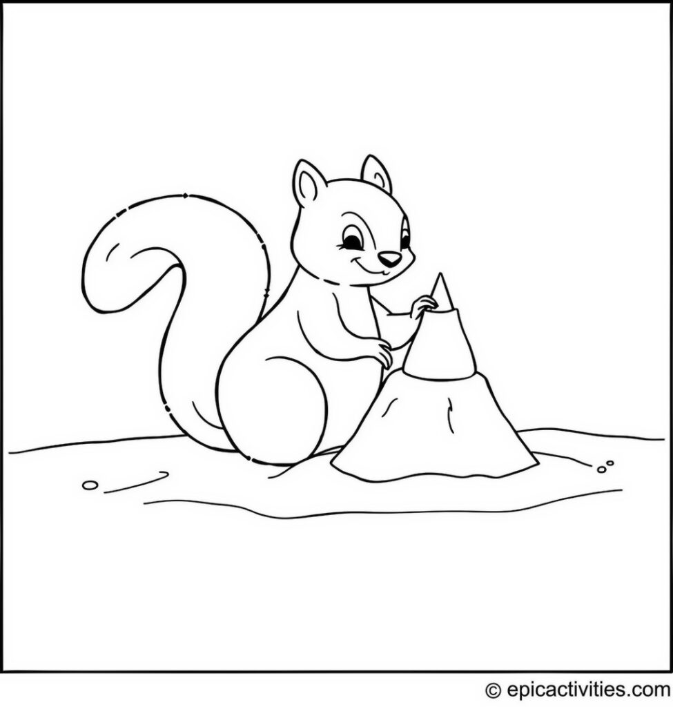 Coloring page of a Cute Cartoon Squirrel Building a Sandcastle on the Beach